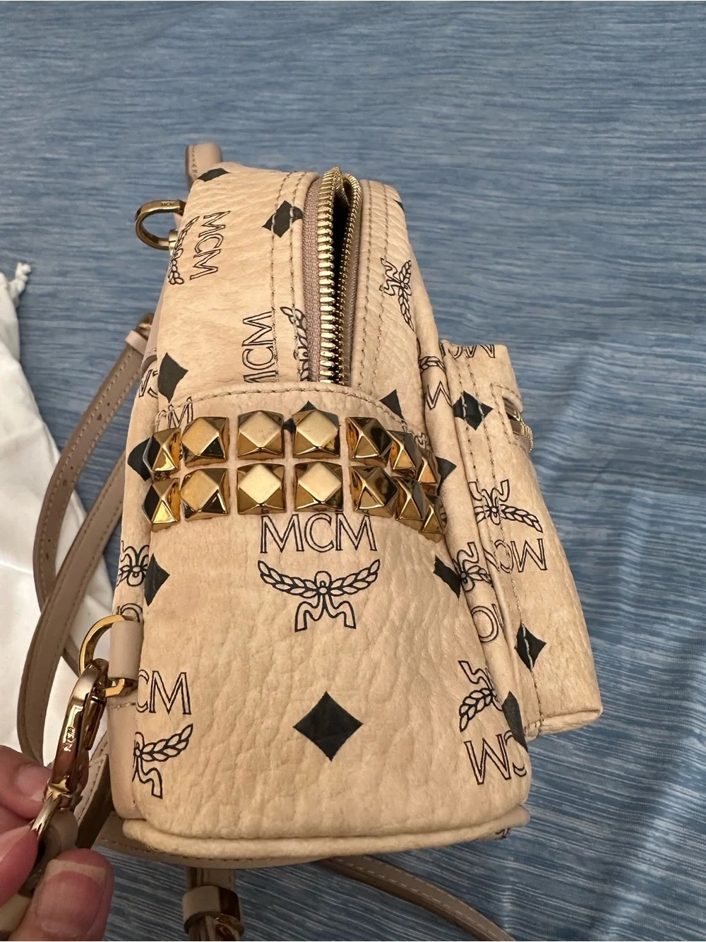 MCM Beige Visetos Mini Backpack with Gold Stud Accents